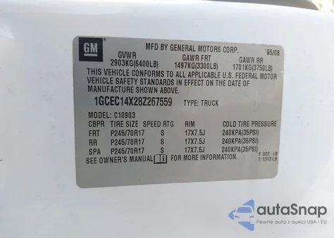 2008 Chevrolet Silverado 1500 Work Truck from USA, damaged, VIN 1GCEC14X28Z267559